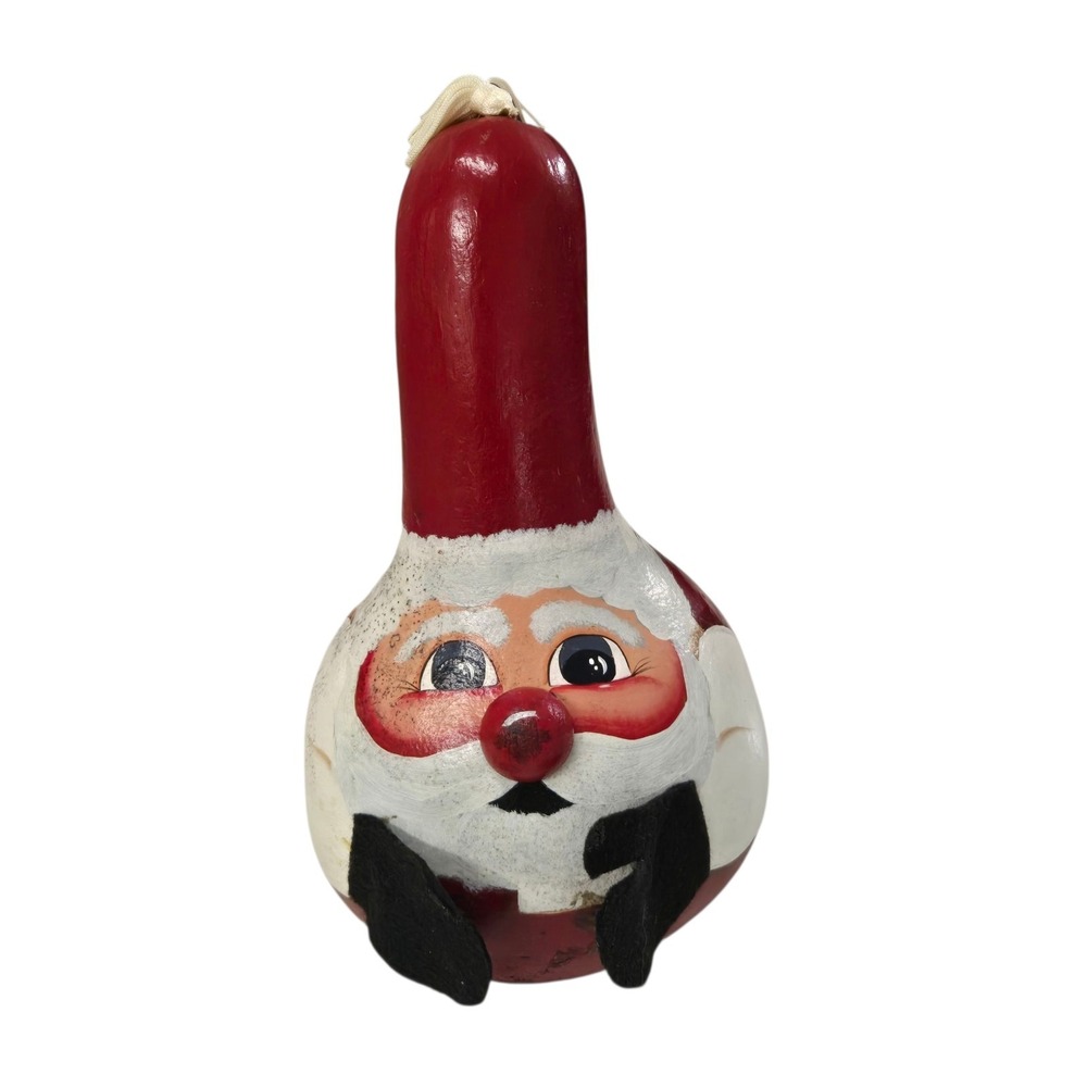 Vtg 2002 Hand Painted Santa Clause Gourd w Felt Gloves & 3D Nose 10x6"‎ Signed